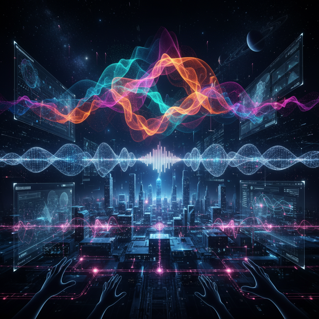 AI audio waves transforming into dynamic visuals, illustrating how to create engaging faceless videos with advanced technology.