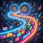 AI automating a faceless Pinterest account, showcasing digital gears and circuits generating content, vibrant and futuristic.