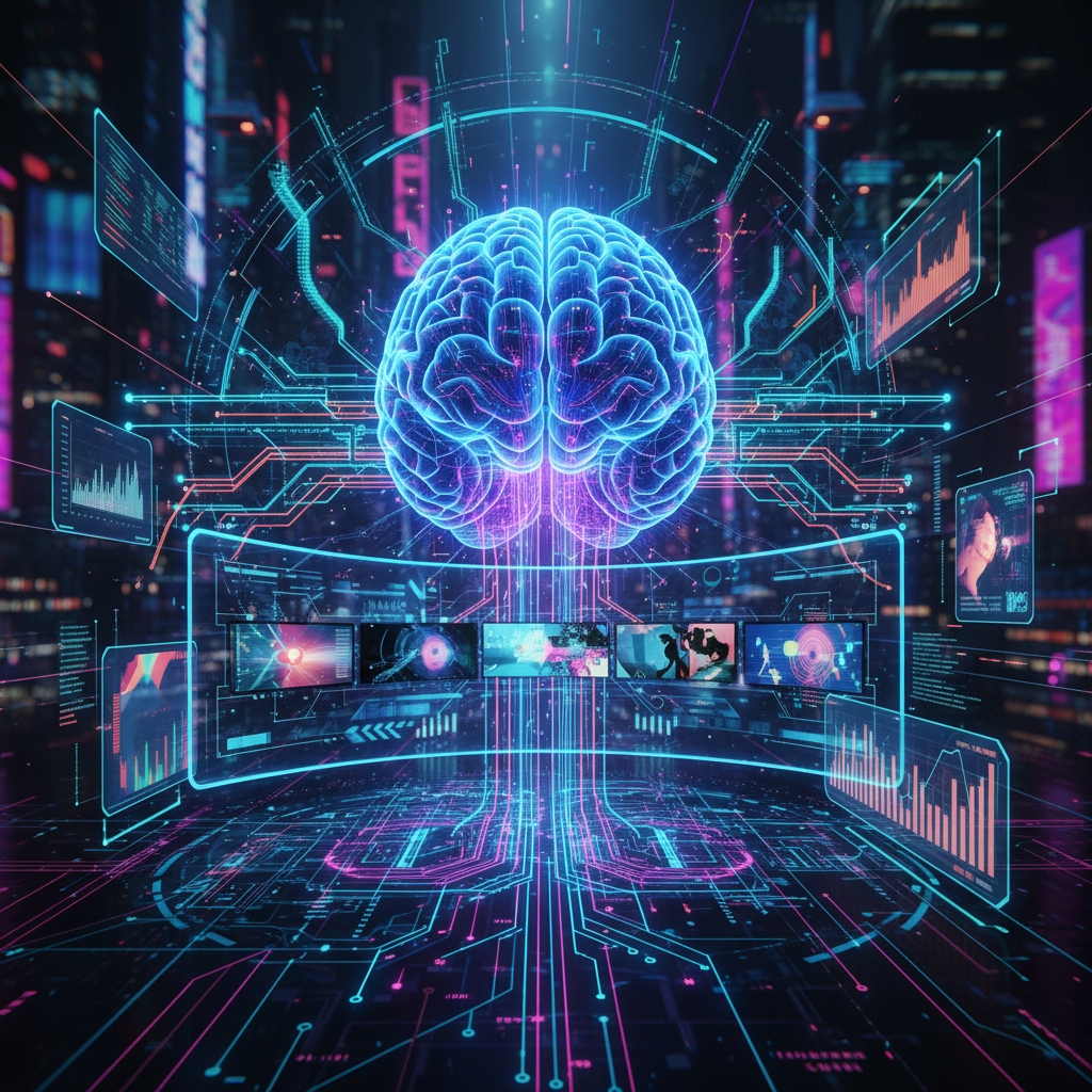 AI automating faceless YouTube channel creation, digital brain processing video content, futuristic interface, data streams, vibrant neon lighting AI automating faceless YouTube channel creation, digital brain processing video content, futuristic interface, data streams, vibrant neon lighting
