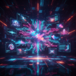 AI automation scaling a faceless content business, futuristic digital interface, glowing circuits, abstract landscape, 2026.