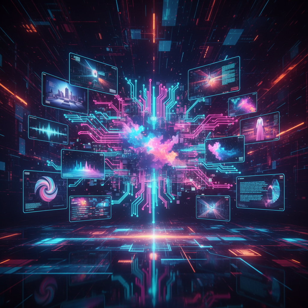 AI automation scaling a faceless content business, futuristic digital interface, glowing circuits, abstract landscape, 2026.