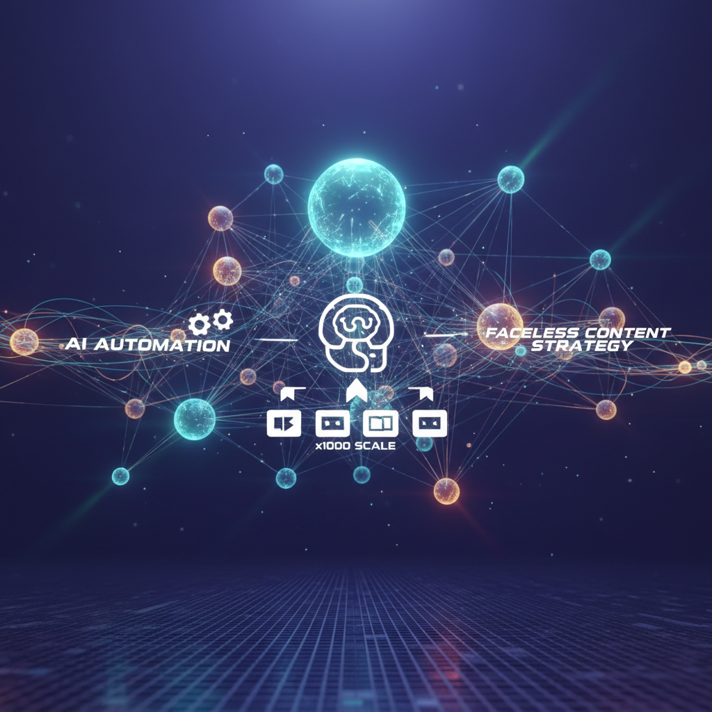 AI automation scaling a faceless content strategy for brands, visualized as a glowing digital network, futuristic and abstract.