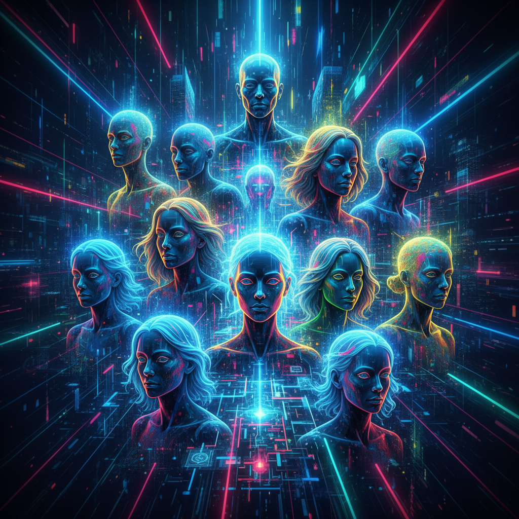 AI avatar creation for faceless creators: diverse digital personas emerging from a futuristic network, vibrant neon lighting. AI avatar creation for faceless creators: diverse digital personas emerging from a futuristic network, vibrant neon lighting.