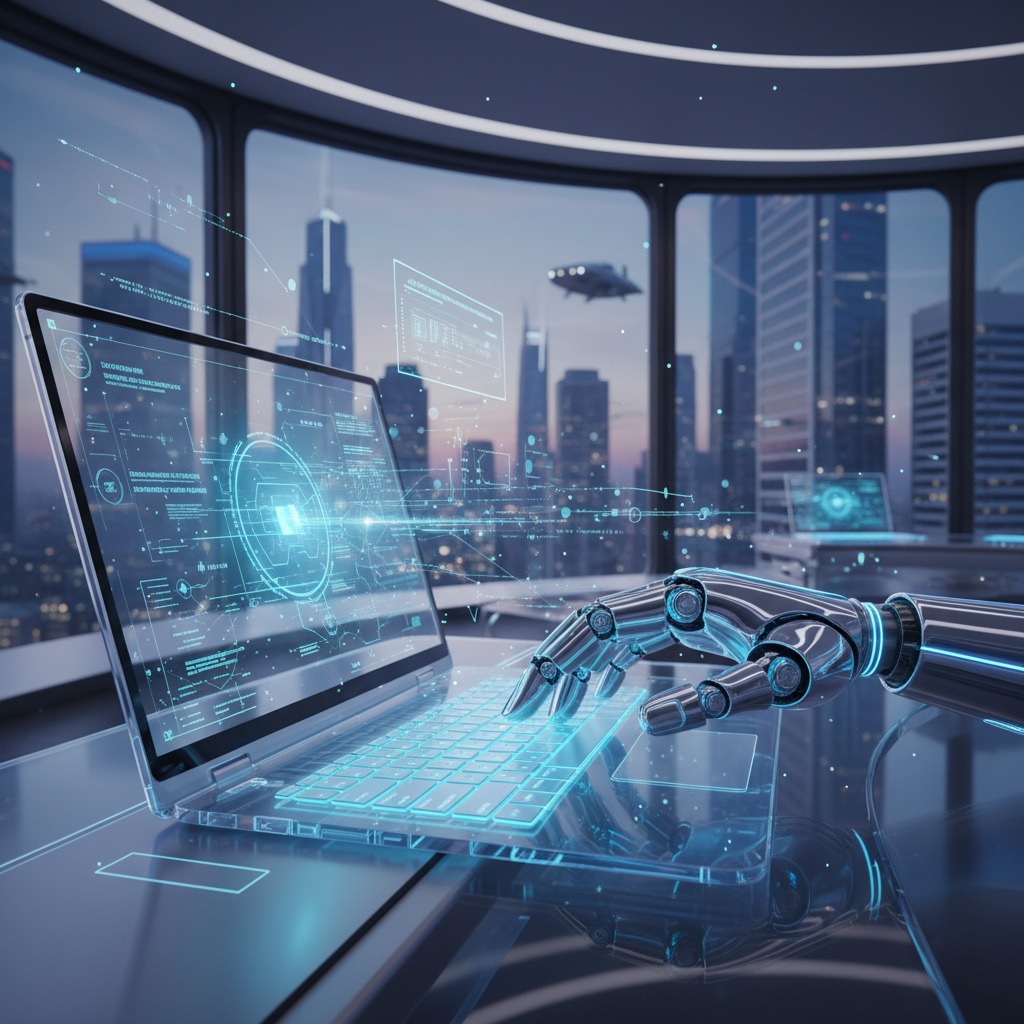 AI blog automation for entrepreneurs: robot hand generating content on a futuristic laptop, illustrating passive income engine for business.