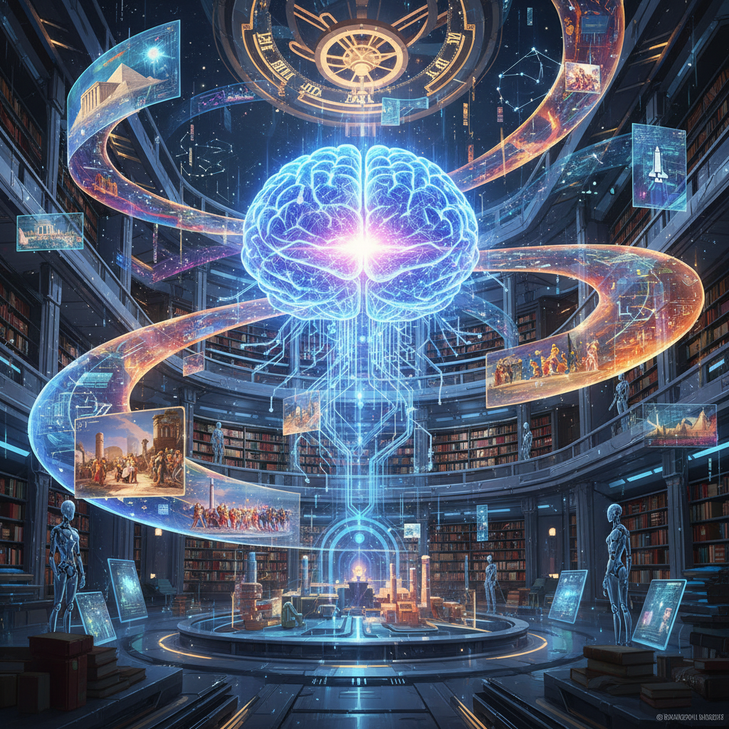 AI brain generating faceless history channel ideas with AI, glowing data streams, futuristic library, digital art