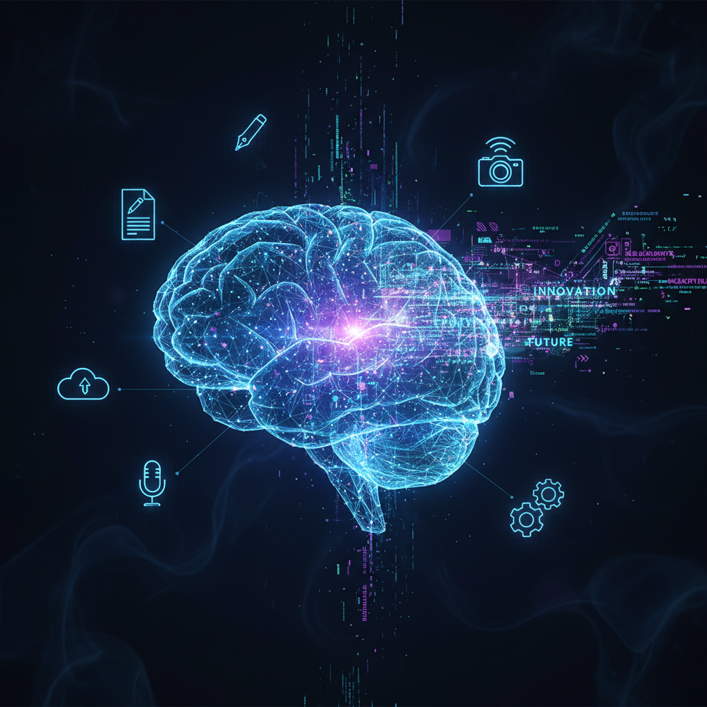 AI brain generating text for faceless content scripts, futuristic digital art, concept of using ChatGPT for content creation.