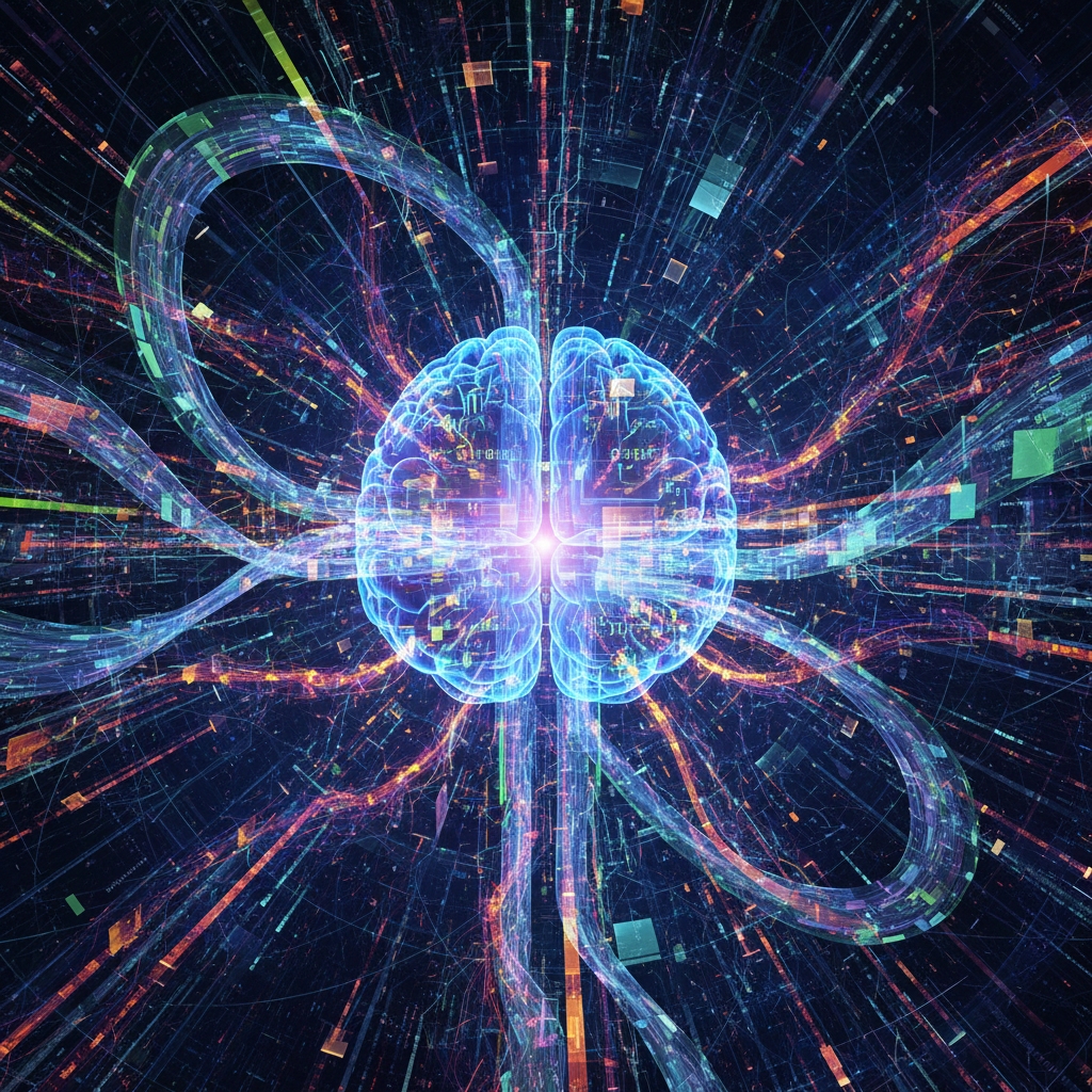 AI brain processing text for faceless content scripts, illustrating using ChatGPT for creative digital content generation.