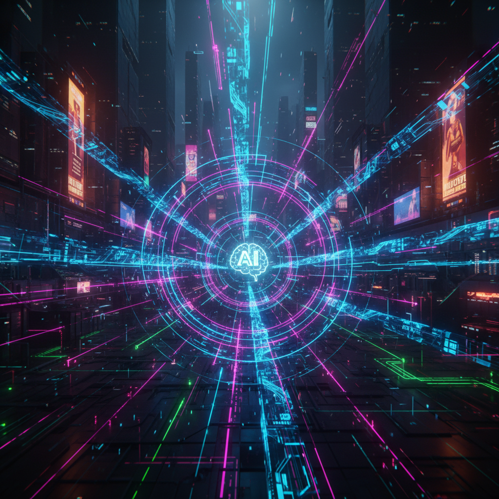 AI building faceless audience for community management, abstract digital network with glowing nodes and data streams, futuristic tech.