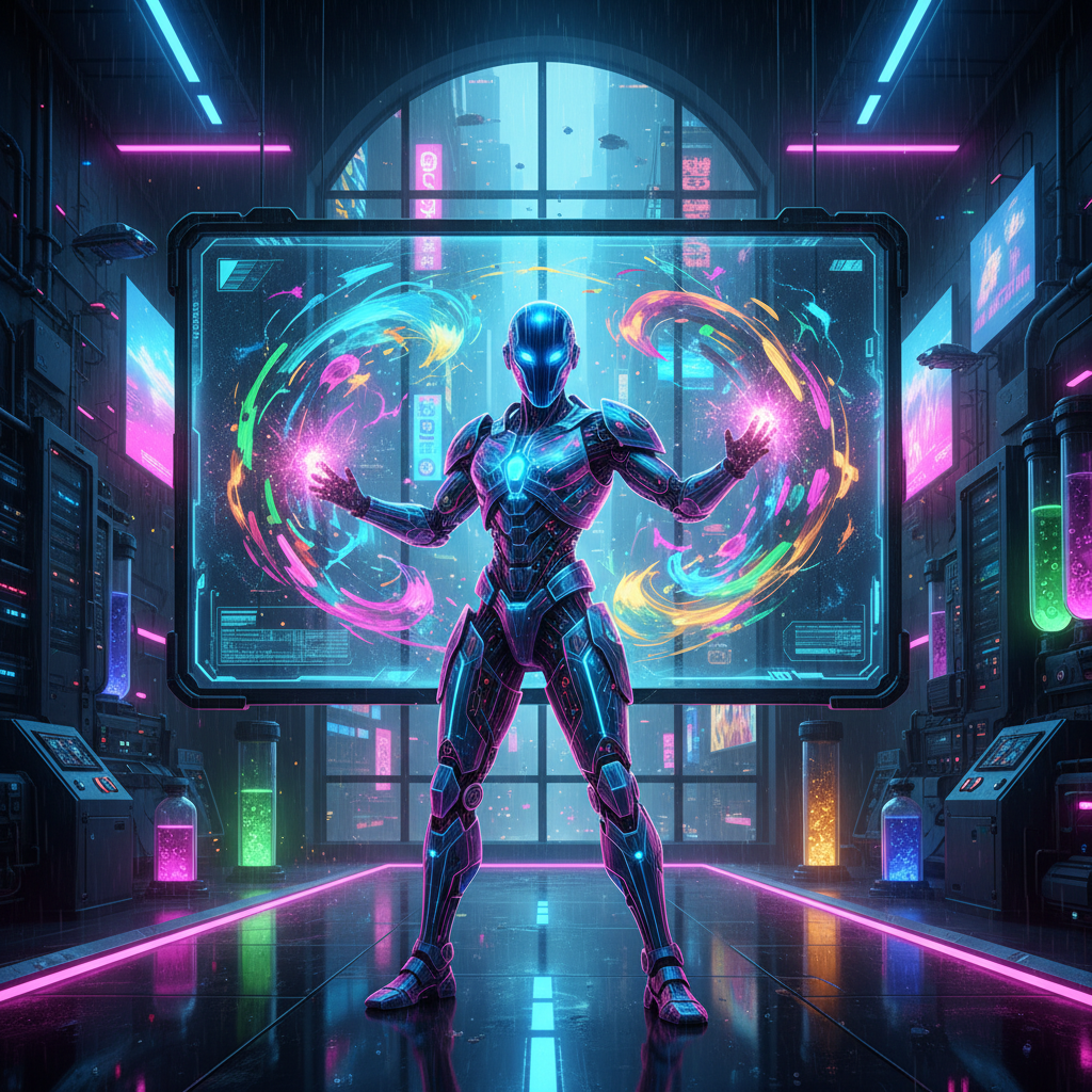 AI character animation creating vibrant, abstract visuals for faceless videos, showcasing futuristic digital art and neon lighting.