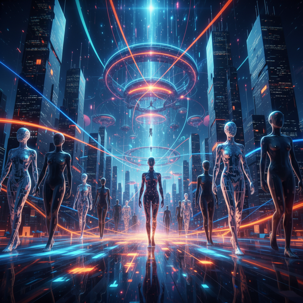 AI character animation for faceless videos visualized as glowing connections between abstract figures in a futuristic city.