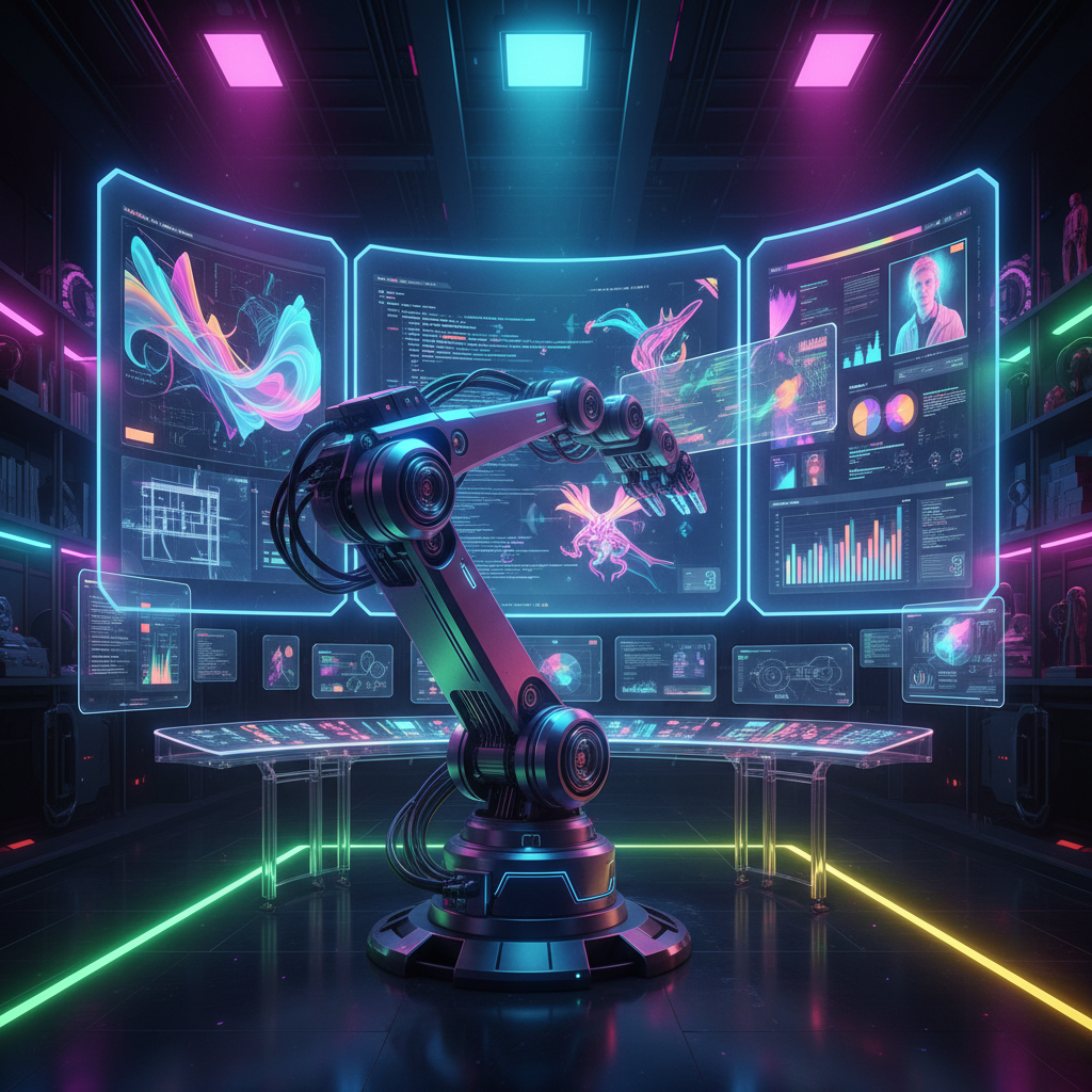 AI content automation concept: robot arm creating digital content on screens, illustrating efficient process for online business growth. AI content automation concept: robot arm creating digital content on screens, illustrating efficient process for online business growth.