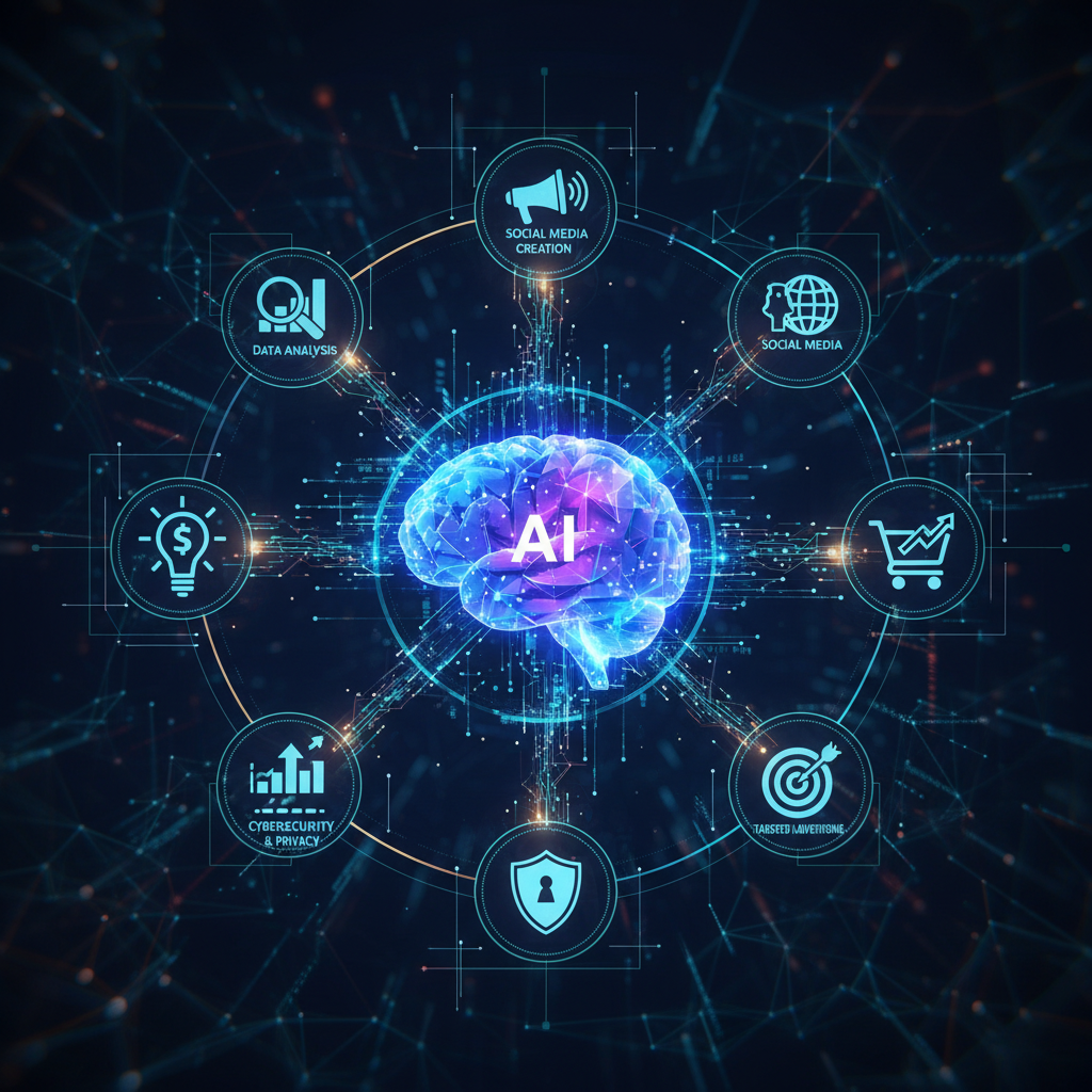 AI content automation processing key marketing tasks, illustrated with interconnected digital icons and a central AI brain. AI content automation processing key marketing tasks, illustrated with interconnected digital icons and a central AI brain.