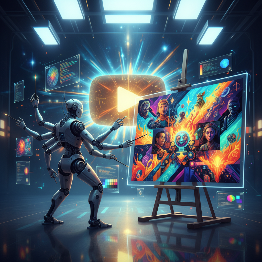 AI content creation illustrated, showing a robot artist making art, with YouTube monetization in mind, avoiding demonetization.