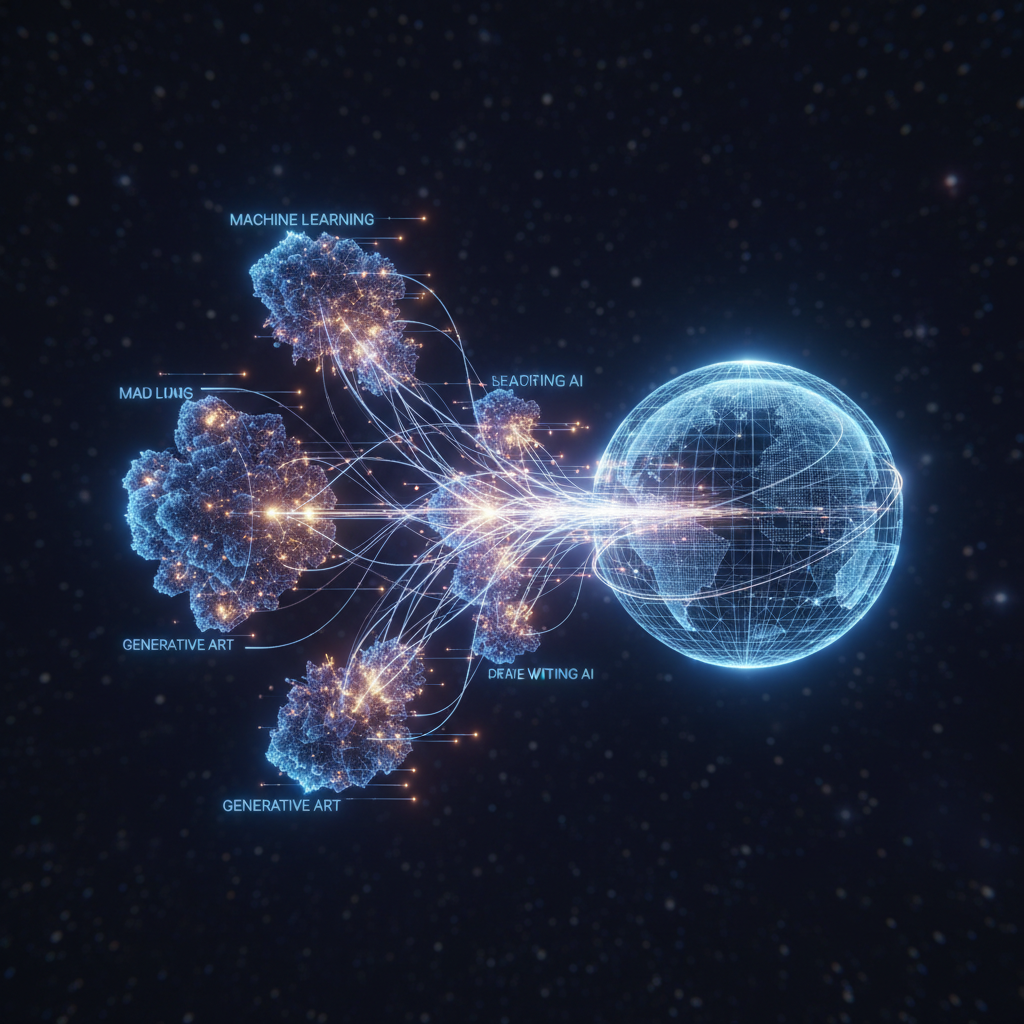 AI content ideas for entrepreneurs visualized as a glowing digital network connecting to a global sphere, representing brand building strategies.