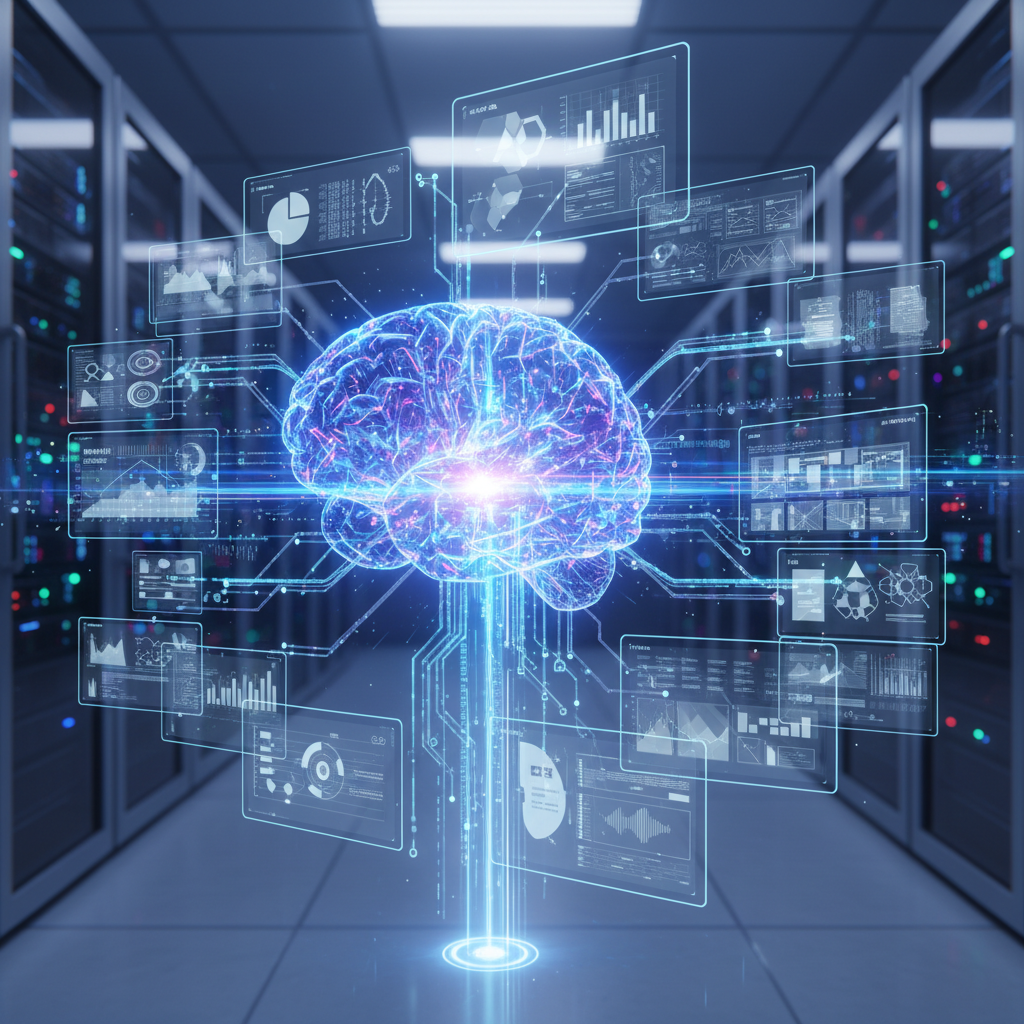 AI content repurposing workflow for faceless brands, illustrating data transformation and content generation with futuristic digital elements.