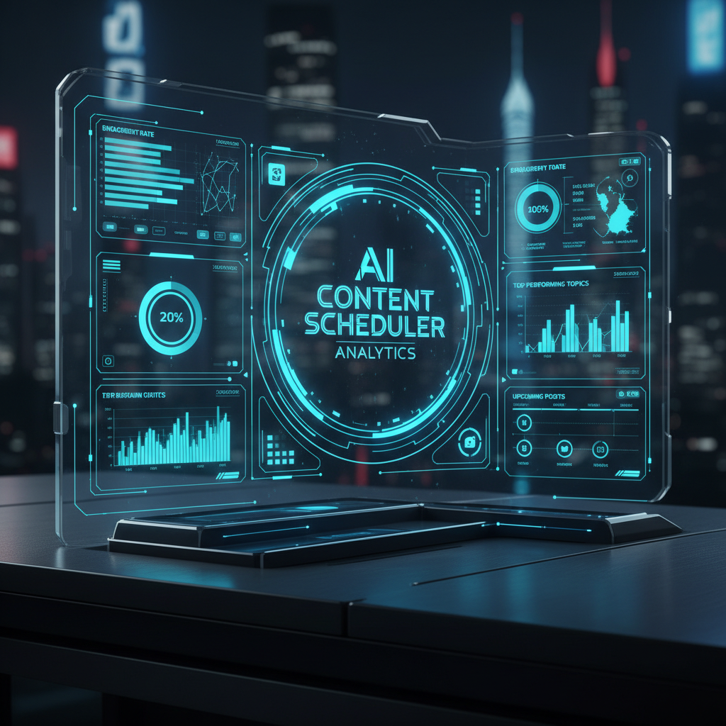 AI content scheduler dashboard with glowing data streams, illustrating optimal timing for faceless accounts in 2026.