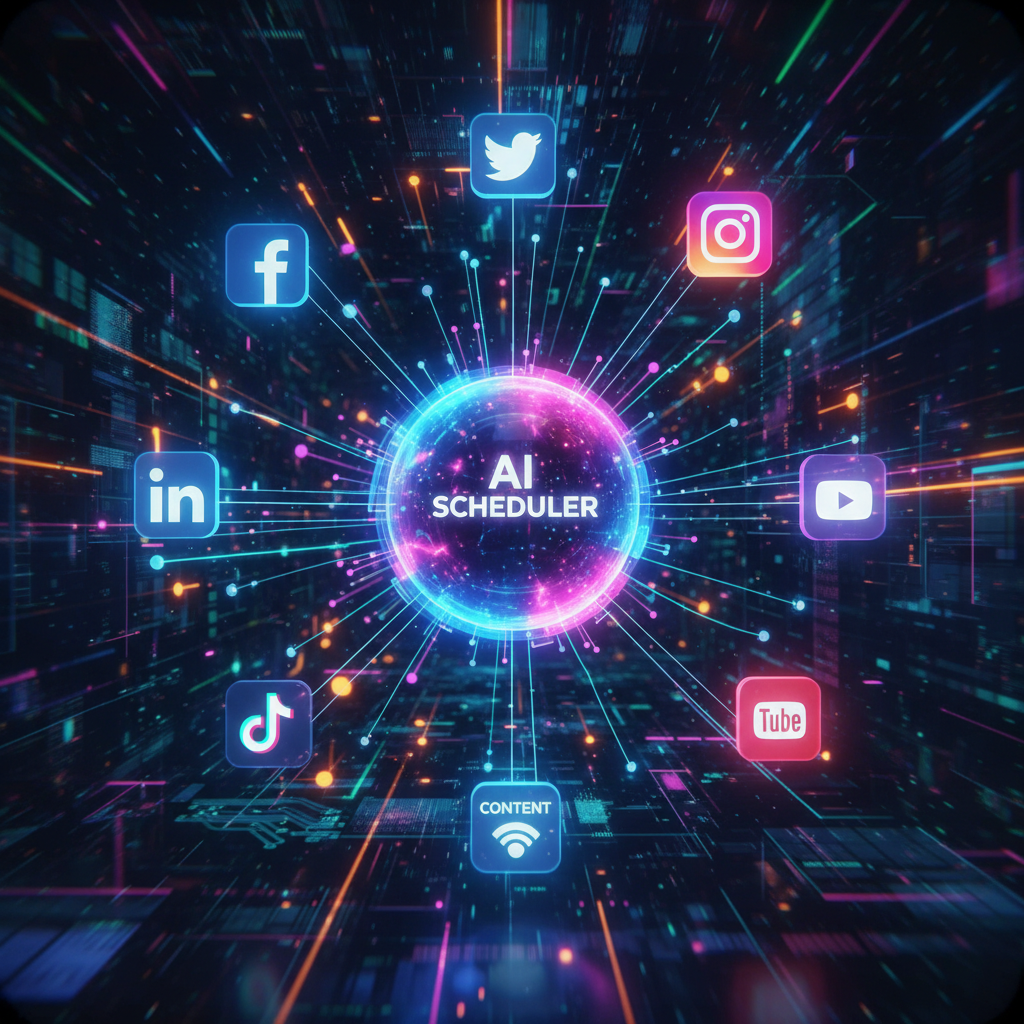 AI content scheduler for faceless accounts visualized as interconnected digital nodes, showcasing platform support and growth in a futuristic digital art style.