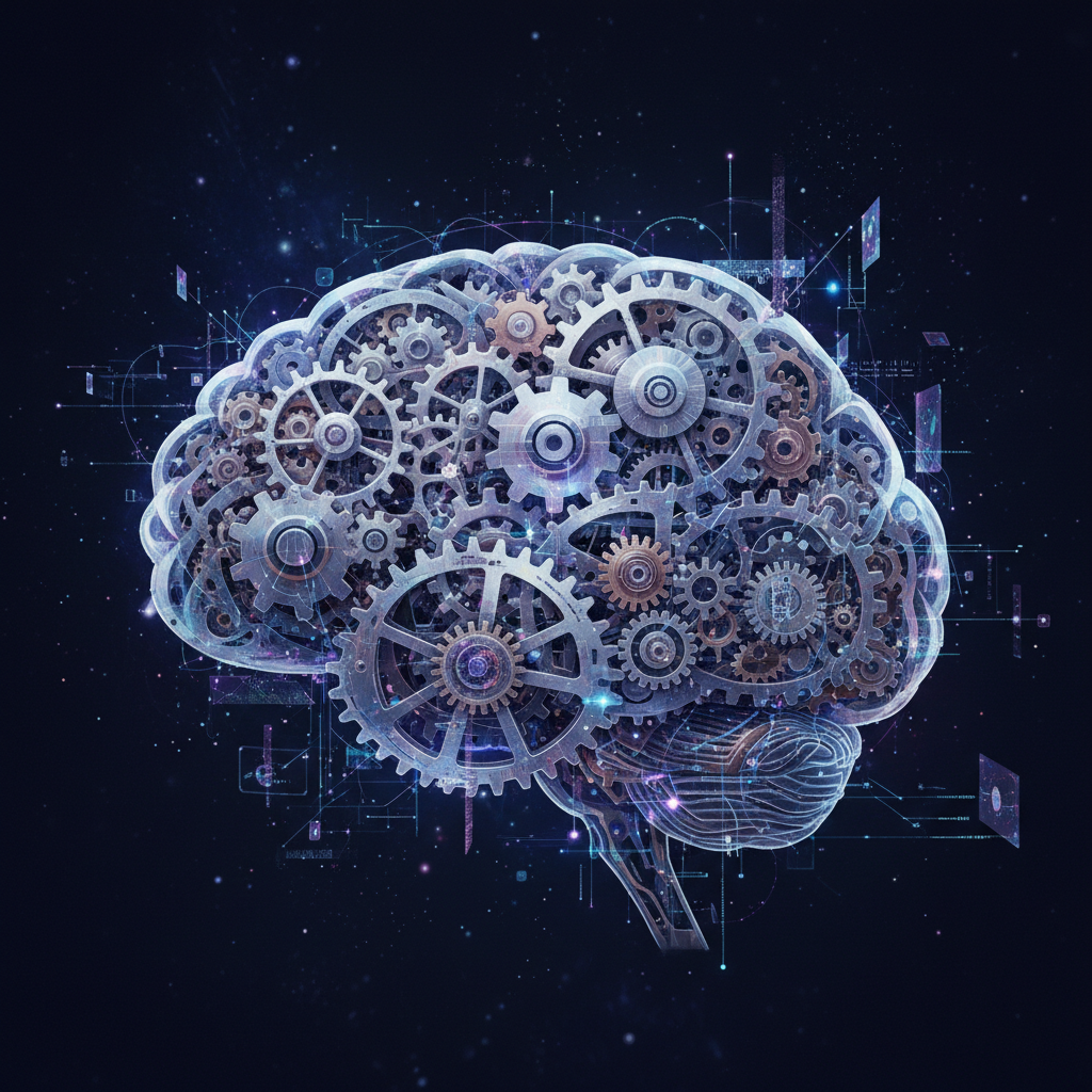 AI content scheduler for faceless accounts visualized as a futuristic digital brain with glowing nodes and gears.