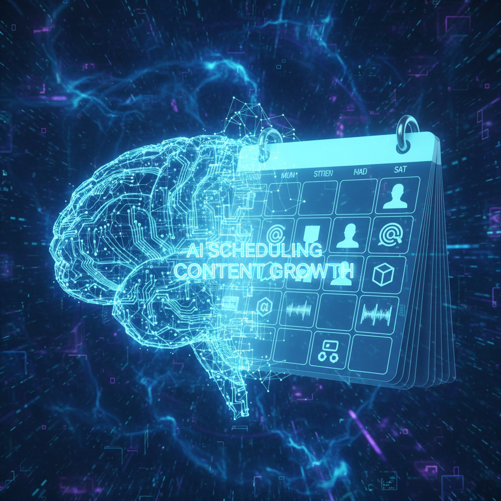AI content scheduler visualizing consistent growth for faceless accounts, depicted as a digital brain integrated with a calendar interface.
