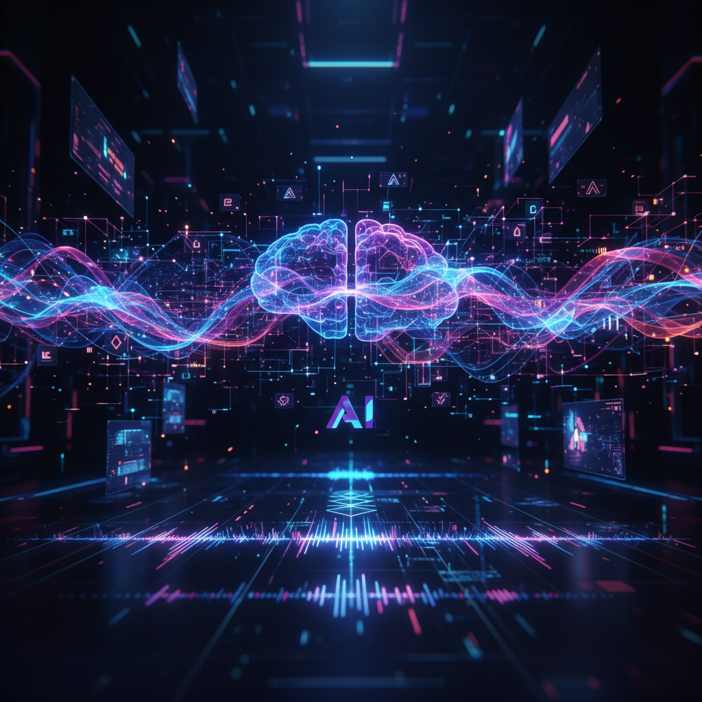 AI content technology and software tutorials illustration showing abstract digital network for profitable faceless niches, B2B advertising CPM.