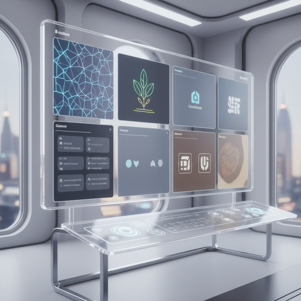 AI creating consistent branding visuals for a faceless brand, showcasing digital asset generation in a futuristic studio setting