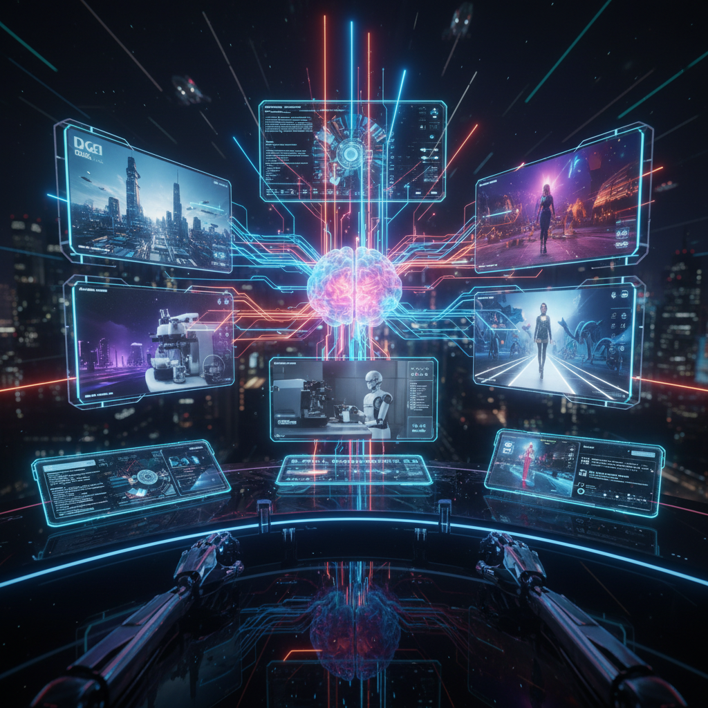 AI creating diverse B-roll footage, showcasing advanced technology and digital generation in a futuristic setting for content creators.