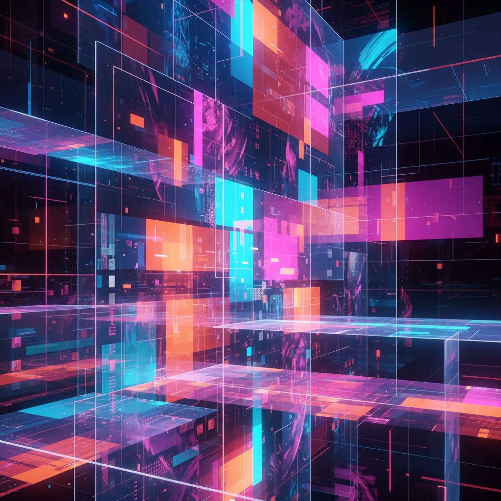 AI creating faceless content: abstract digital art showcasing AI-generated visuals forming a creative collage with vibrant colors and futuristic glow.