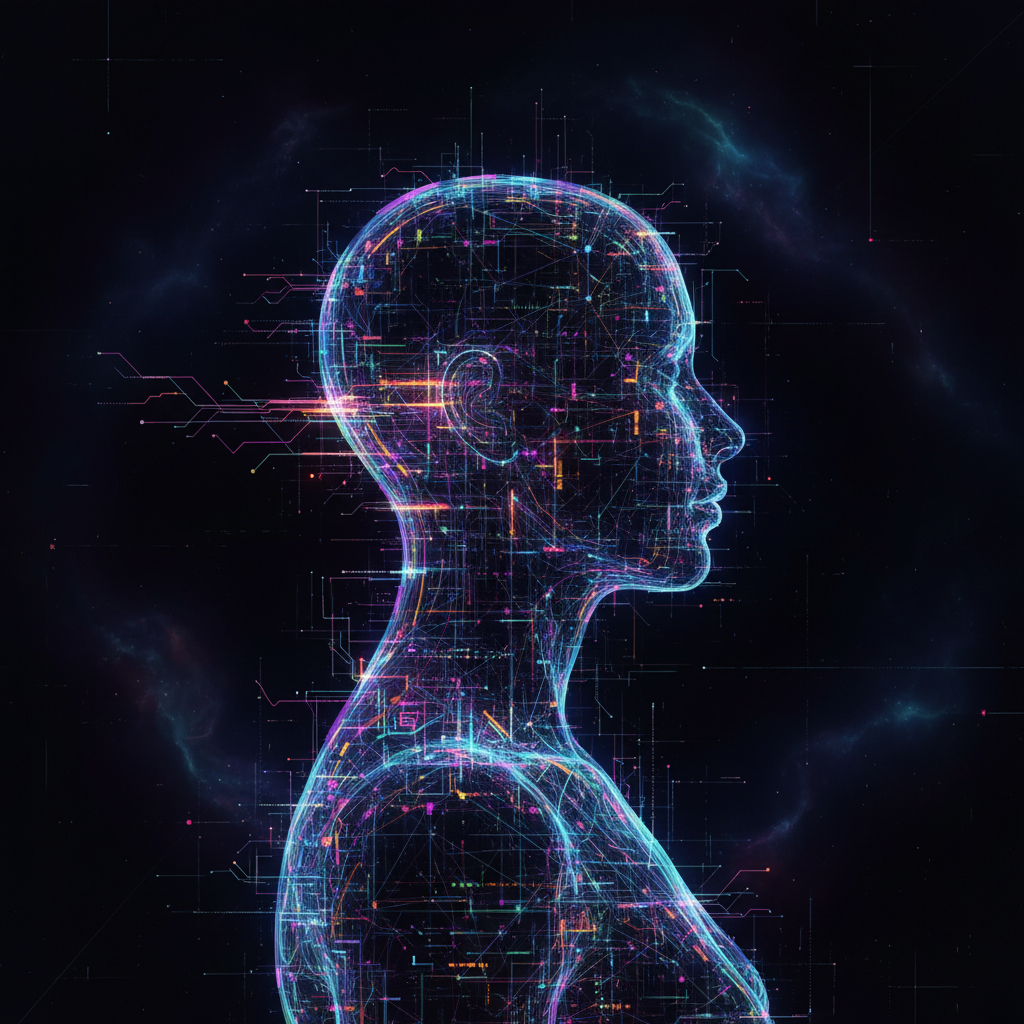 AI creating faceless content, abstract digital art showing glowing human silhouette, futuristic design, no visible faces. AI creating faceless content, abstract digital art showing glowing human silhouette, futuristic design, no visible faces.