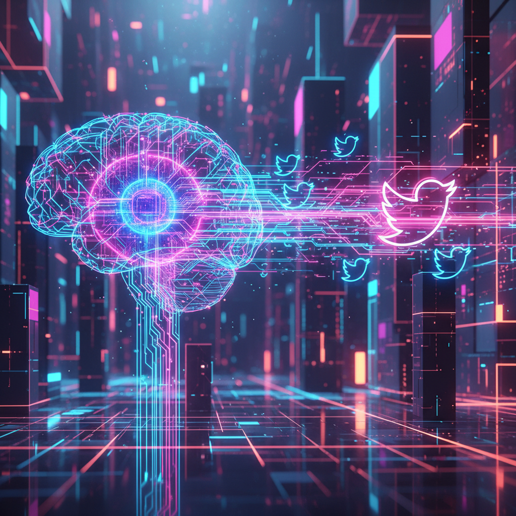 AI creating faceless Twitter threads, abstract digital brain, glowing data streams, futuristic technology illustration. AI creating faceless Twitter threads, abstract digital brain, glowing data streams, futuristic technology illustration.