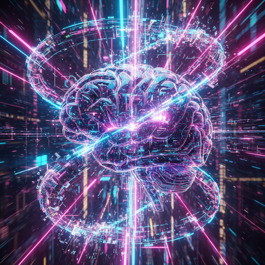 AI-driven content marketing ideas visualized as a futuristic AI brain connected to digital data streams, representing innovation in 2026.