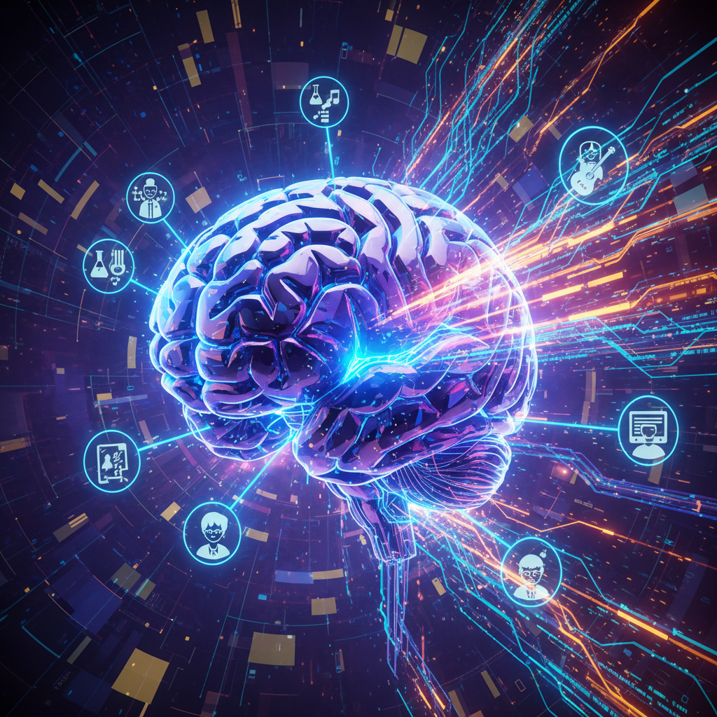 AI-driven content marketing ideas visualized: futuristic AI brain connecting to diverse audience icons, illustrating innovative strategies. AI-driven content marketing ideas visualized: futuristic AI brain connecting to diverse audience icons, illustrating innovative strategies.