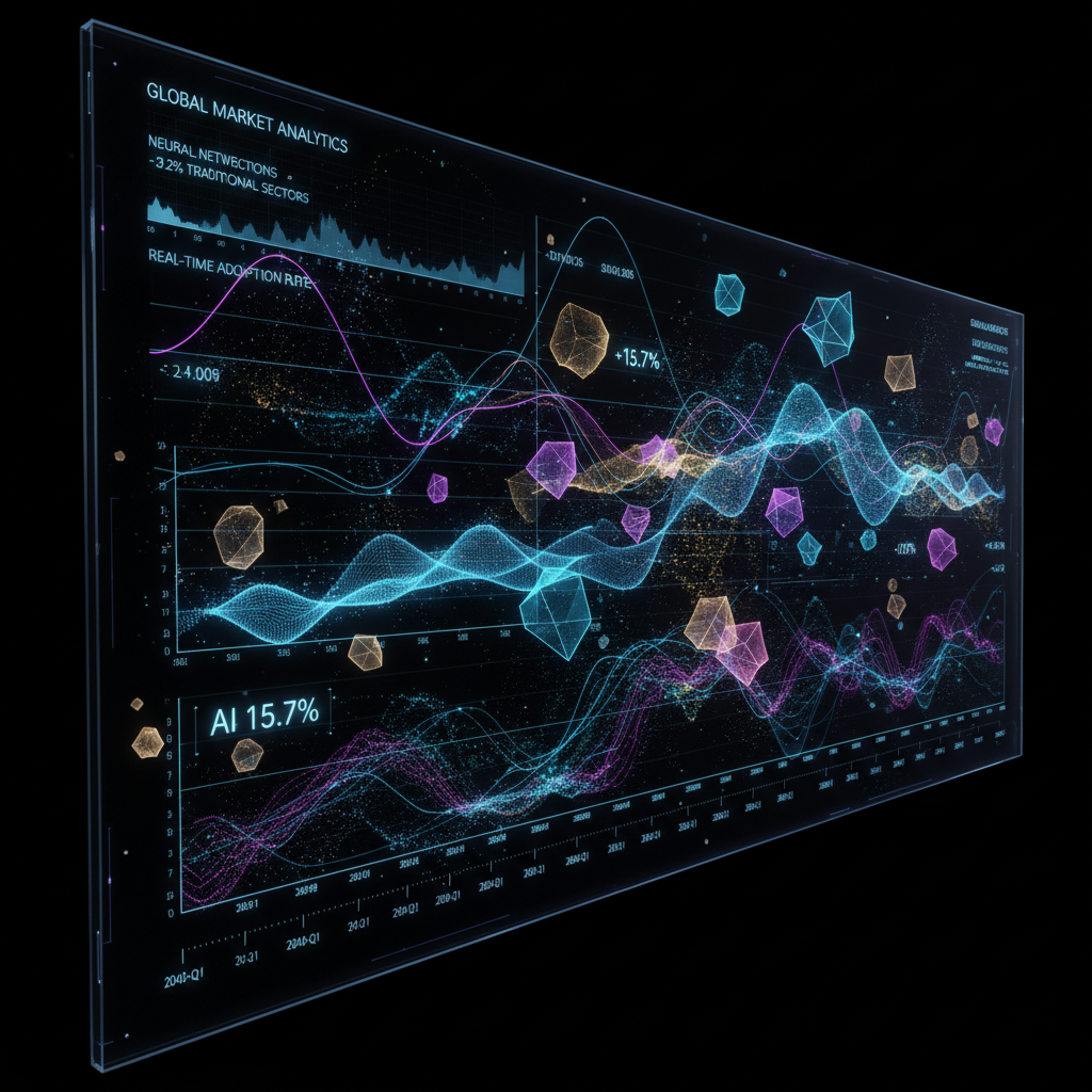 AI-driven trend analysis interface for content creators showing futuristic data visualization and glowing digital trends.