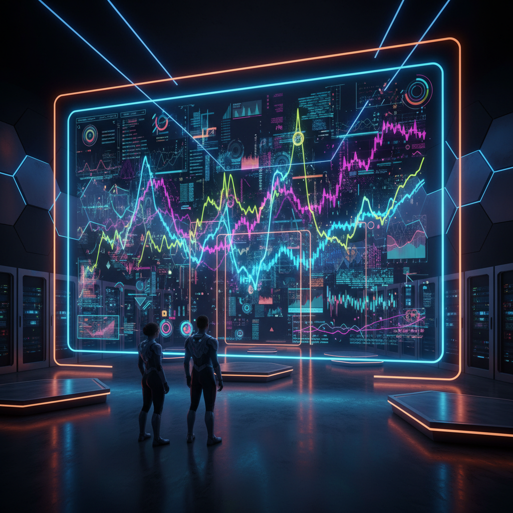AI-driven trend analysis interface for content creators, visualizing viral trends with futuristic holographic data streams.