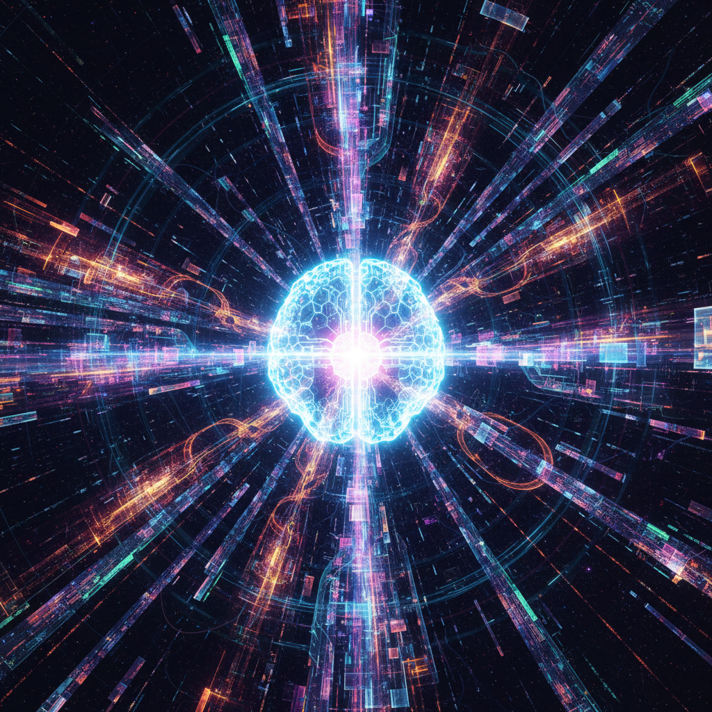 AI-driven trend analysis visualization showing data streams and insights for content creators, futuristic digital art