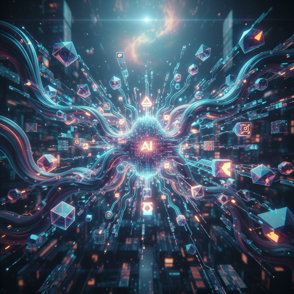 AI-driven workflow creating visual assets at scale for building a faceless brand, abstract digital art with futuristic elements.