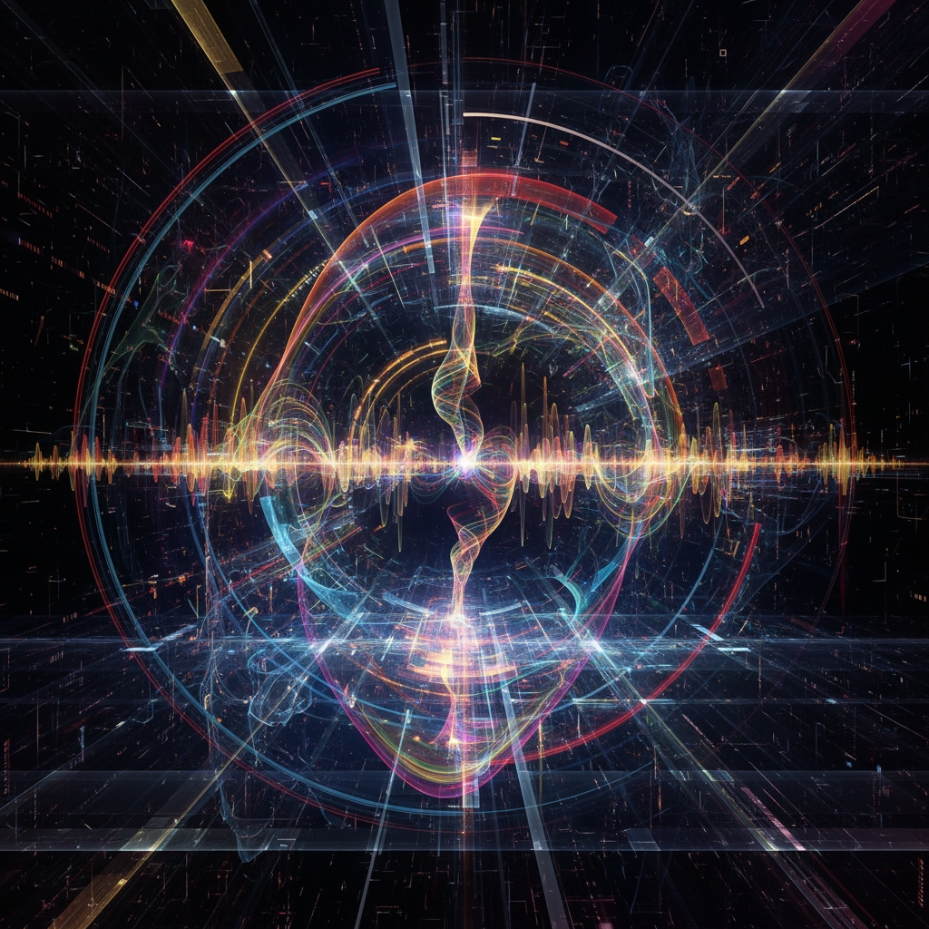 AI enhancing audio for engaging faceless videos, abstract sound waves transforming into visual art, digital illustration