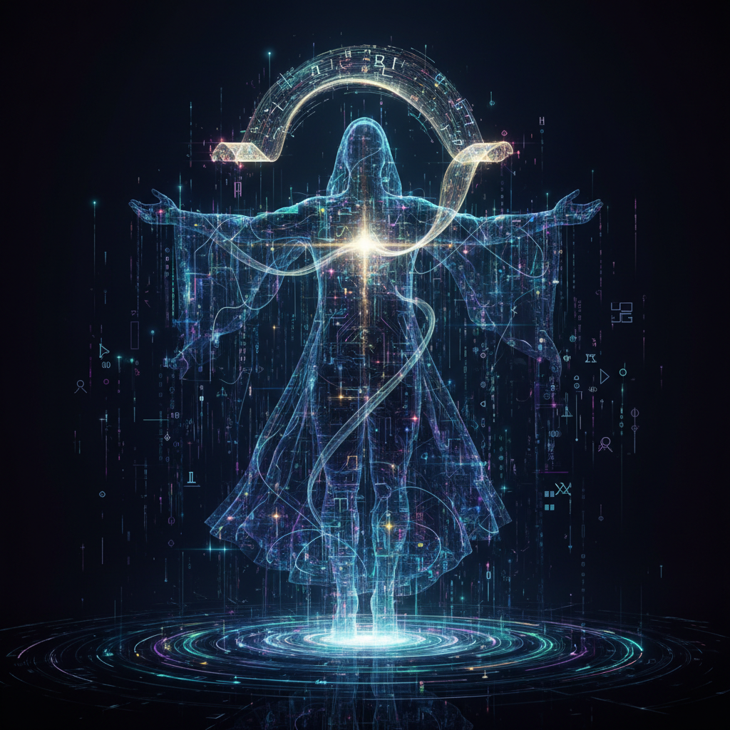 AI faceless storytelling concept, abstract digital art with data streams forming a narrative silhouette, futuristic AI energy.