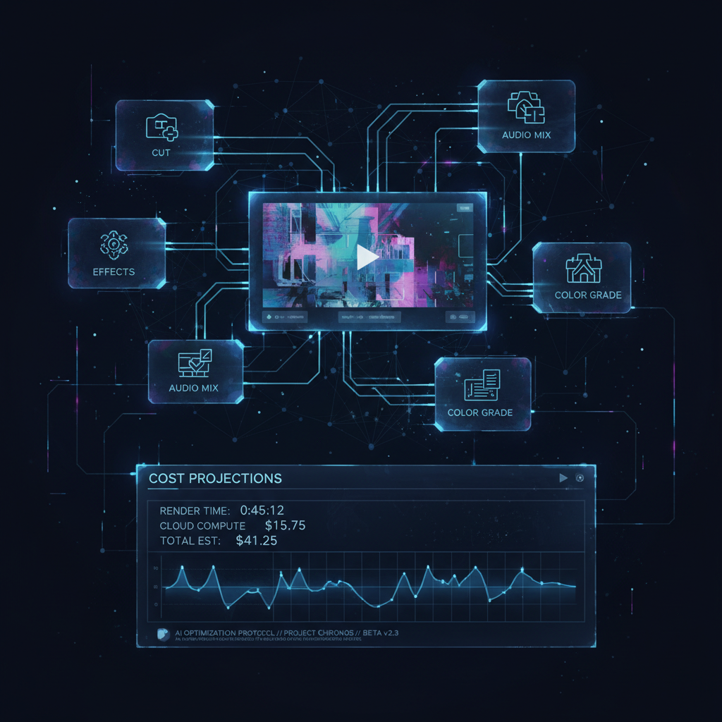 AI faceless video production tutorial: futuristic interface showing video editing tools and cost breakdown for essential AI tool stack.