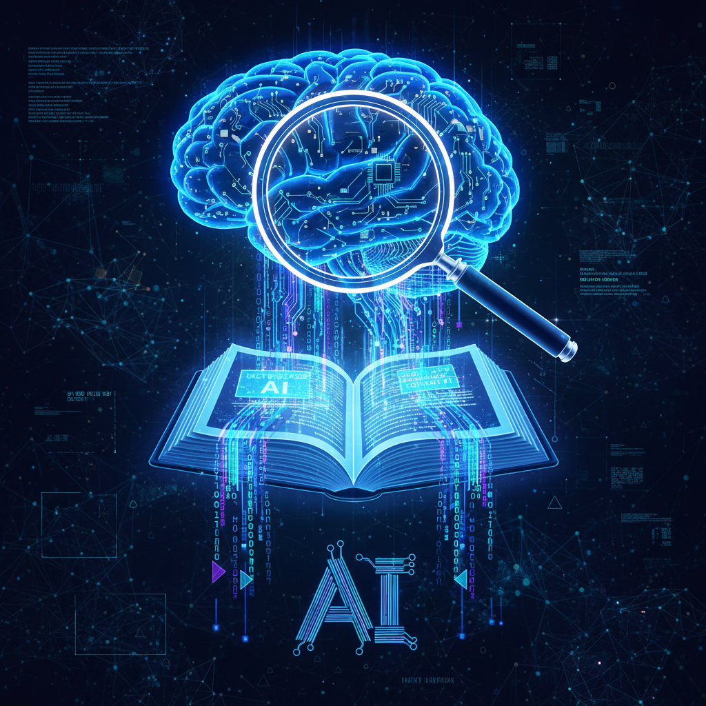 AI fact-checking educational content visualized: a digital brain with circuits and a magnifying glass inspecting a book, symbolizing trust in learning.