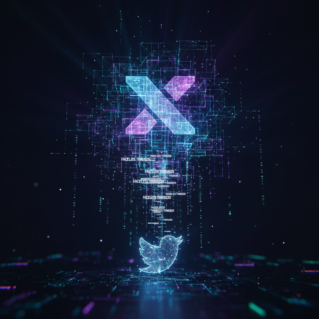 AI for creating faceless Twitter threads visualized as a glowing digital network, representing data and connections in a futuristic style. AI for creating faceless Twitter threads visualized as a glowing digital network, representing data and connections in a futuristic style.
