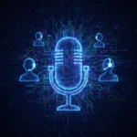 AI for faceless podcasting concept art, showing a microphone integrated with futuristic AI circuits and glowing digital elements.