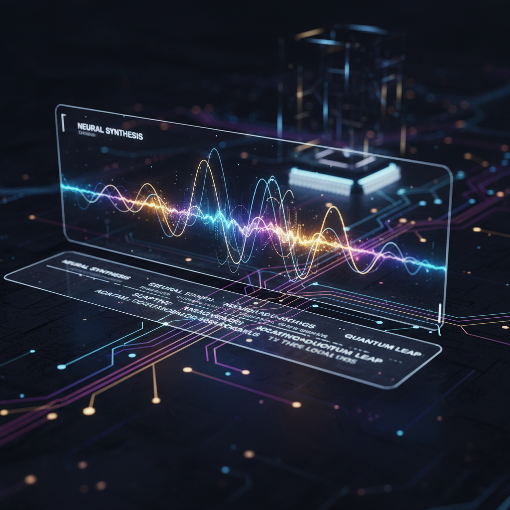AI for subtitle generation interface showing audio waveform and text, visualized with futuristic glowing circuits on a dark background.