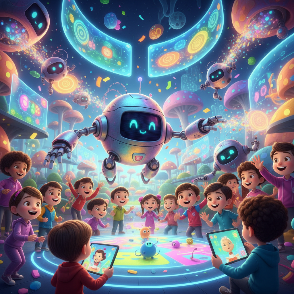 AI-generated content for kids channels visualized as friendly robots creating engaging and safe digital entertainment for children.