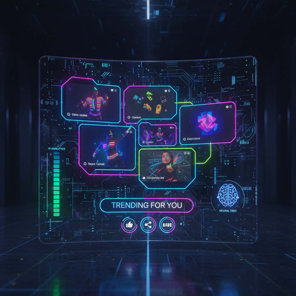 AI-generated content ideas for TikTok showcased on a futuristic interface, highlighting viral trends and digital creativity for 2026.