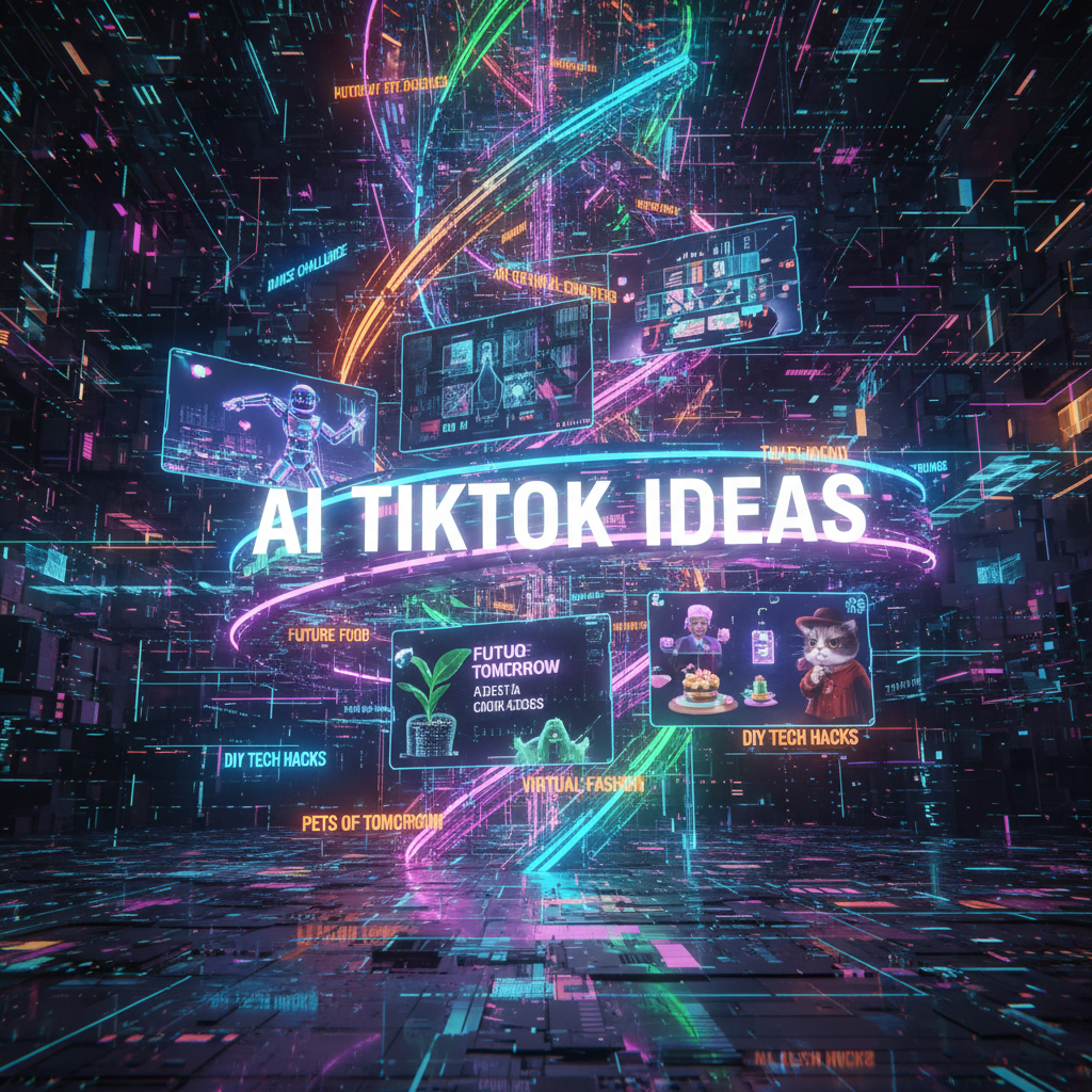 AI-generated content ideas for TikTok visualized as a futuristic digital landscape with neon colors, showcasing creative concepts.