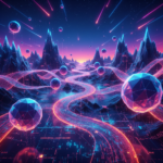AI-generated courses created and sold digitally, visualized as abstract glowing data nodes and streams, no human face visible.