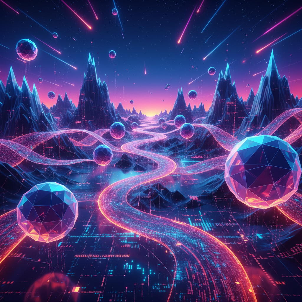 AI-generated courses created and sold digitally, visualized as abstract glowing data nodes and streams, no human face visible.