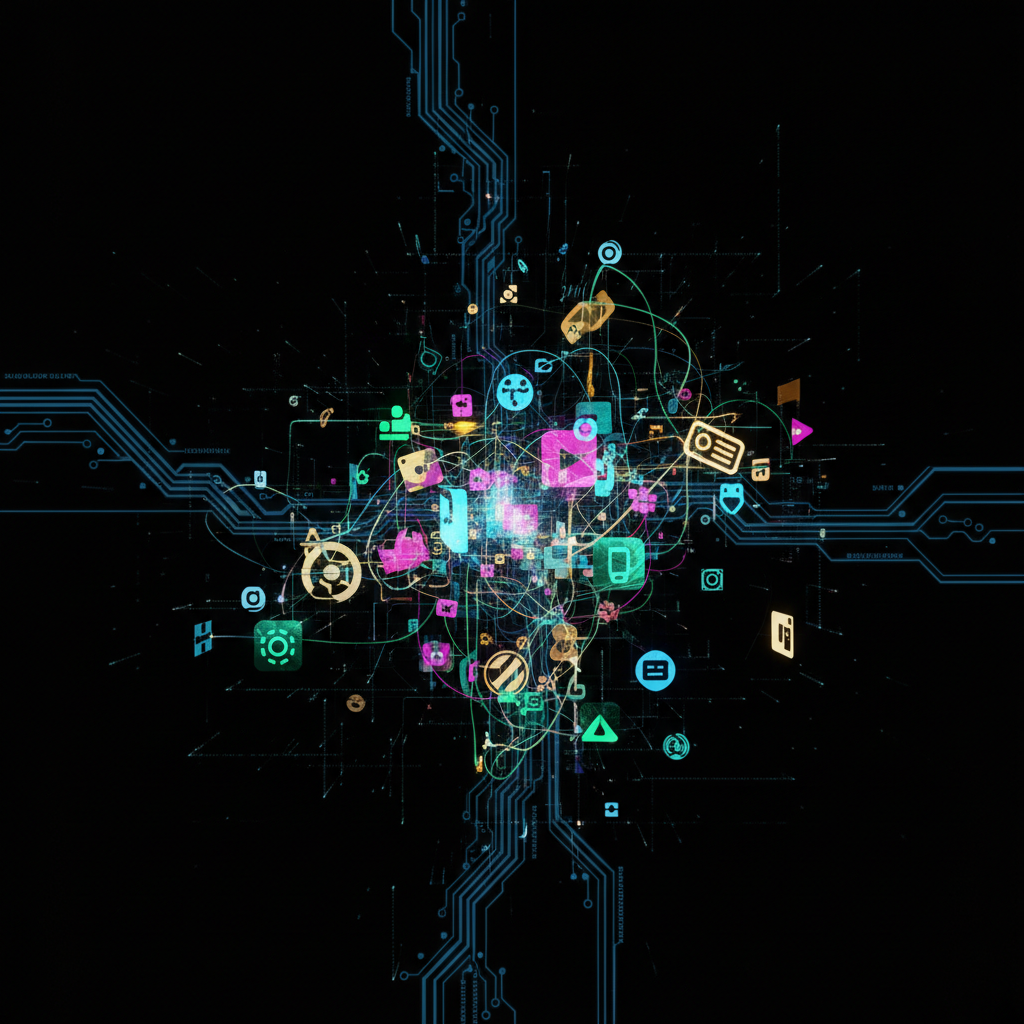 AI-generated faceless digital products concept art, illustrating creation and selling with advanced technology in a futuristic digital landscape.