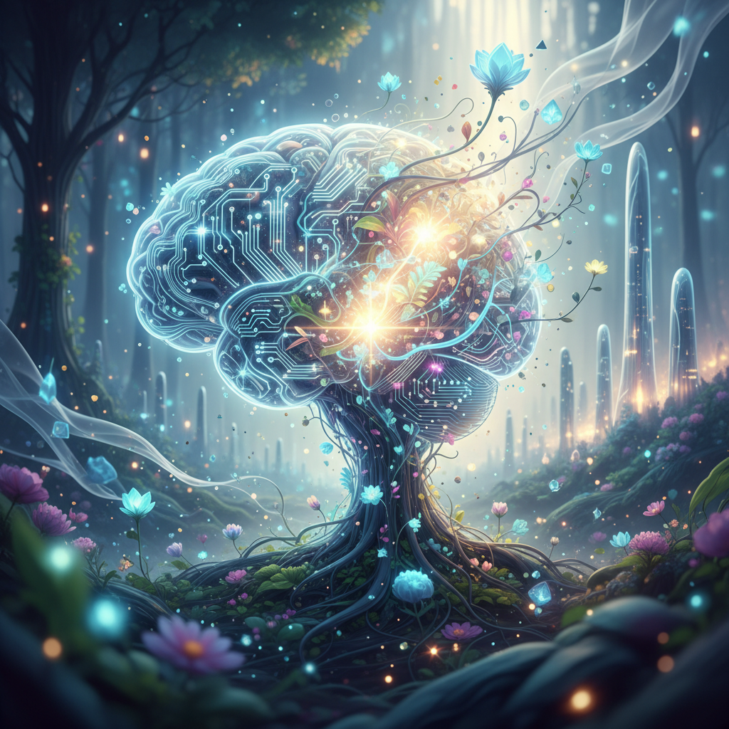 AI-generated meditation video ideas for 2026, featuring abstract digital art of serene AI brainwaves and nature.