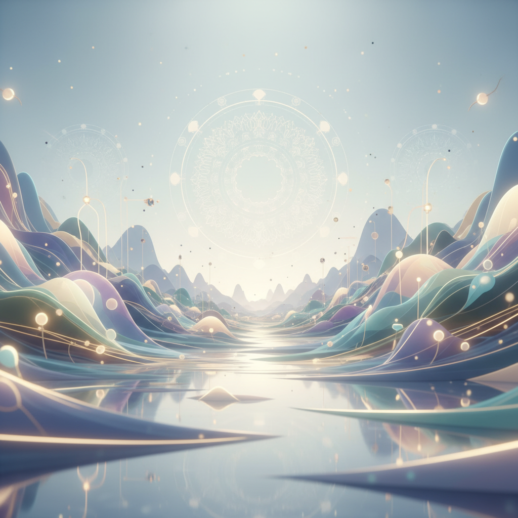 AI-generated meditation video ideas visualized as a tranquil digital landscape with abstract, flowing shapes and soft lighting.